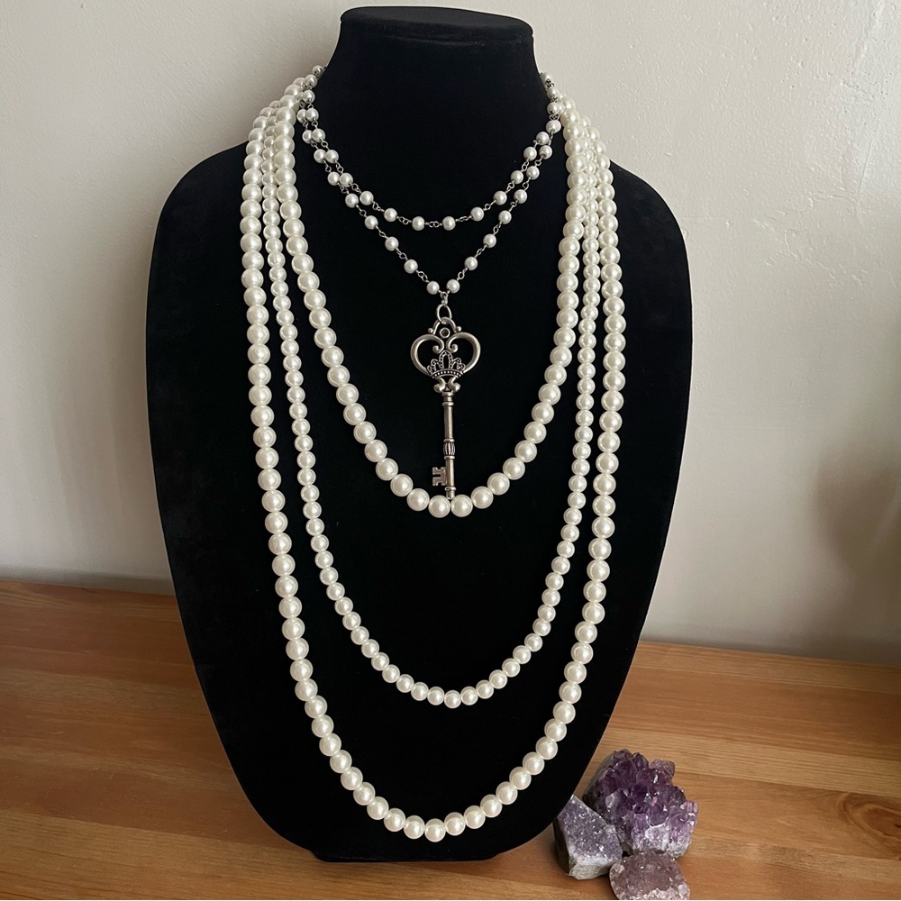 White Pearl Multi-Strand Necklace with Key Pendant. Set of 2. - Womens' jewelry